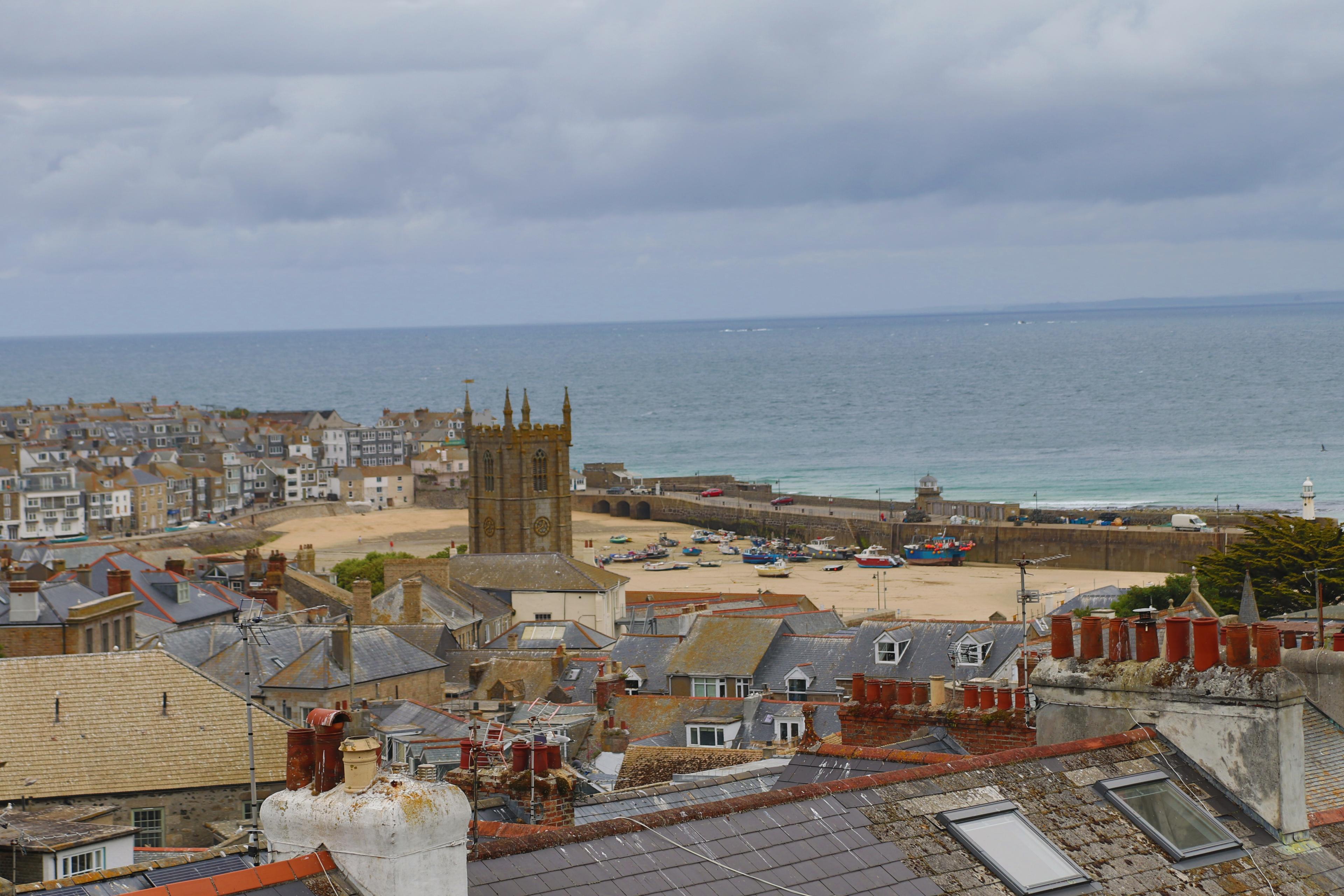St Ives harbour panorama with boats and cottages